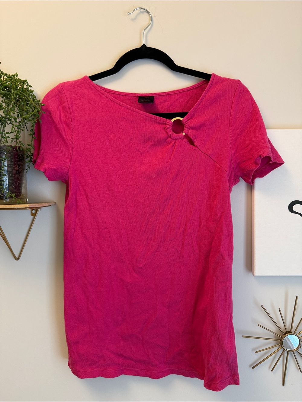 Rafaela Hot Pink Asymmetrical Short Sleeve Tee with Ring Detail